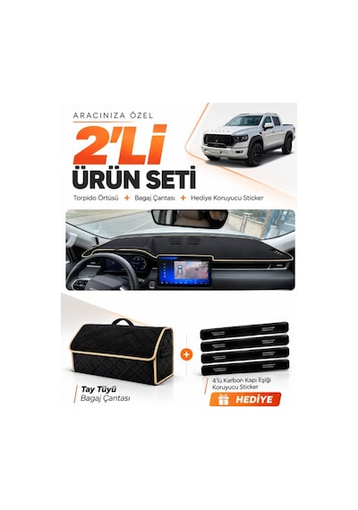 Foton Tunland V9 2025-sonrası Uyumlu Torpido Örtüsü + Tay Tüyü Bagaj Çantası Seti - Siyah Bej