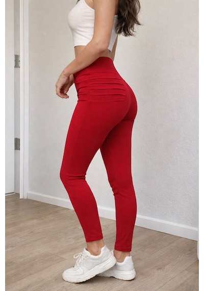 Efnaz Style Kadın Yüksek Belli Önden Fermuar Ve Nervur Detaylı Dalgıç Tayt Kırmızı