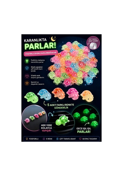 Temungur 5'li Karanlıkta Parlayan Mini Kaplumbağa Figürleri Çok Renkli