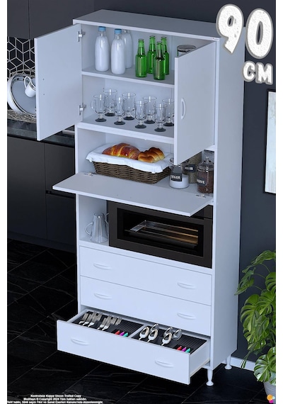 Roven 90 Cm Fırın Dolabı Kahve Köşesi Üst Kapaklı 3 Çekmeceli Çok Amaçlı Kiler Dolabı Beyaz Roven 90 Cm Fırın Dolabı Kahve Köşesi Üst Kapaklı 3 Çekmeceli Çok Amaçlı Kiler Dolabı Beyaz