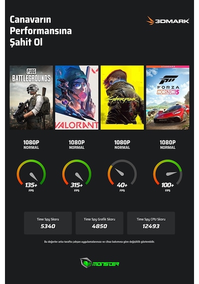 Monster Abra A7 V15.3.3 i5-13500H 16 GB 500 GB SSD 6 GB RTX3050 17.3" W11H Dizüstü Bilgisayar