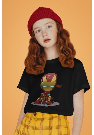 Sevbano Tasarım Ironman Demiradam Baskılı Unisex Film Kahramanı Çocuk Tiş SIYAH