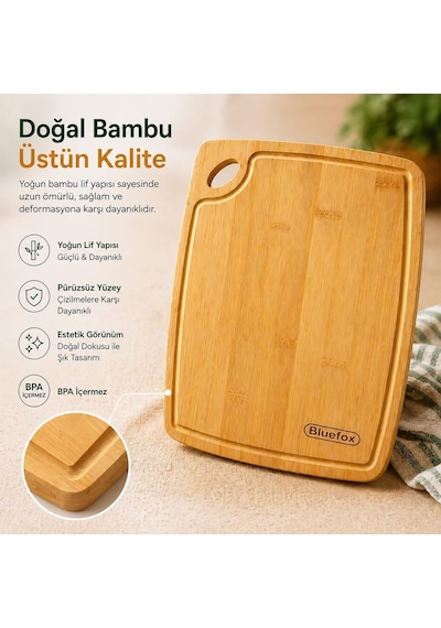 Tr 2'li Bambu Kesme Tahtası Seti 33x24 Cm & 28x22 Cm Oluklu Büyük Boy Meyve & Sebze Ayrımı Doğal, Diğer