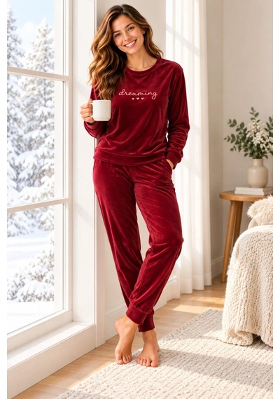 Gd Goldoremi 4082 Kadın Likralı Uzun Kollu Kadife Nefes Alan Kumaş Pijama Takım Bordo