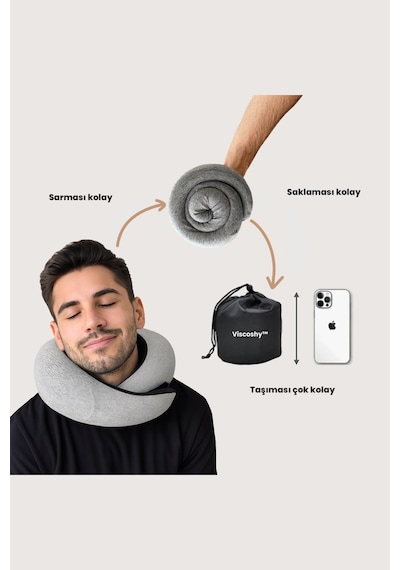 Viscoshy Seyahat Yastığı Boyun İçin Kolay Taşınabilir Visko Hafızalı %100 Visco Konforlu, Ortopedik