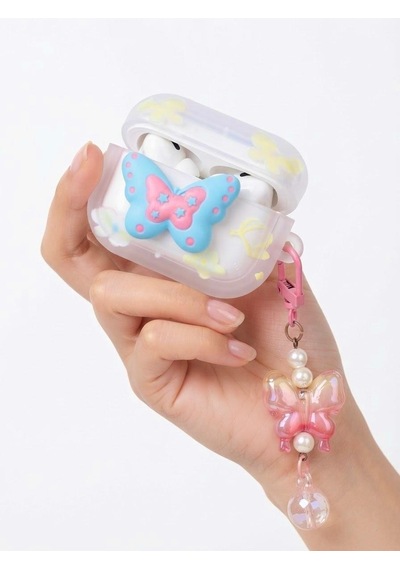 Kulaklık Kılıfı Apple AirPods Pro 1-2 Uyumlu Şeffaf - 3d Kabartmalı Butterfly Figürlü, Hologram Askı Zincirli Darbeye Dayanıklı Kılıf
