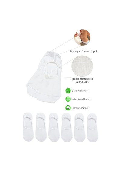 Kral Socks Erkek - Kadın Düz Desen 6 Çift Pamuklu Terletmez Babet Çorap Beyaz