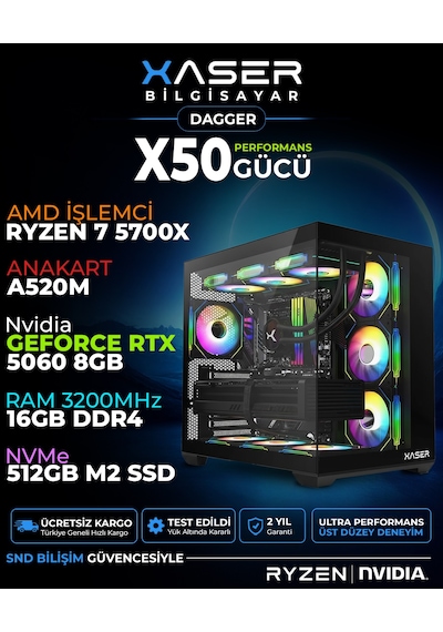 Xaser Dagger X50 R7-5700X 16 GB 512 GB SSD 8 GB RTX5060 Free Dos Masaüstü Oyuncu Bilgisayarı