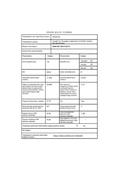 Arçelik 6444 OK 4 Programlı 14 Kişilik Bulaşık Makinesi
