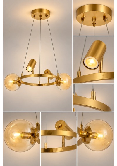 Modern Premium Gold Halka Sarkıt Avize 2xe14 + 2xgu10 Gold Kasa Cam Küreli Dekoratif Avize