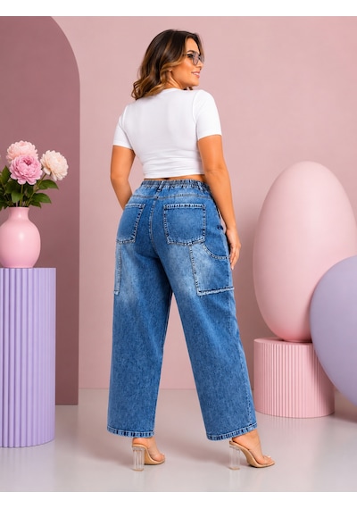 Büyük Beden Denim Beli Lastikli Taşlı Yırtık Detaylı Bol Kesim Kadın Pantolon Mavi