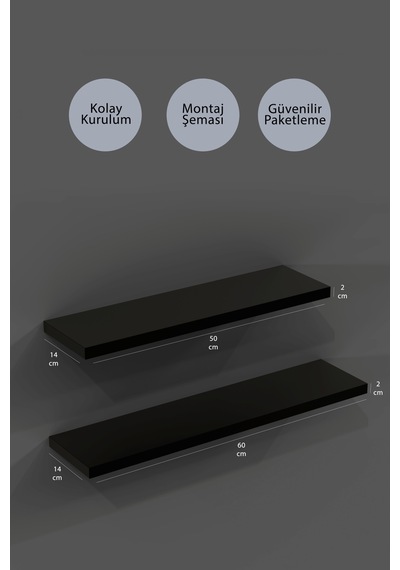 Yankı-BYEG 2li 50 cm 60 cm Mat Siyah Mdf Duvar Rafı Kitaplık