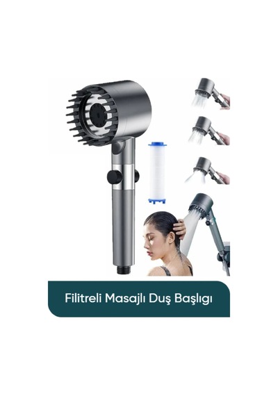 Masajlı Çok Fonksiyonlu Filtreli Krom Duş Başlığı El Duşu Lüks Kalite Gri Pu Diğer