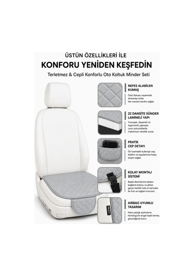 Ergonomik Cepli 3 Parça Oturak Deri Oto Minder Seti Gri