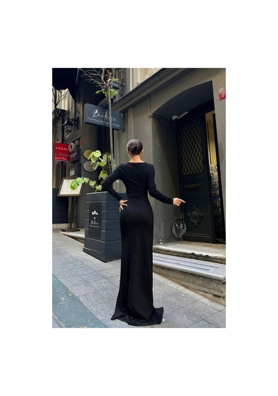 DefyModa Kadın Kalp Yaka Yırtmaçlı Uzun Kollu Abiye Elbise Siyah
