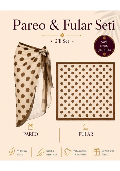 Tarzını Seç Premium Kahverengi Puantiyeli 2 Li Yırtmaçlı Bağlamalı Pareo Ve Bandana Seti 155x111 Cm / 70x70 Cm Kahverengi Puantiye