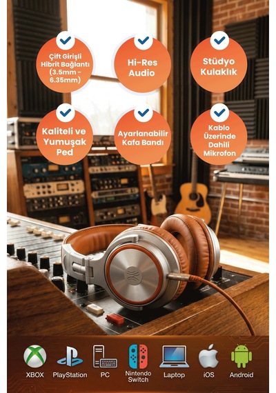 Pro50 Kulak Üstü Kablolu Stüdyo Dj Kulaklığı Yüksek Çözünürlüklü Ses, Dahili Mikrofon Silver