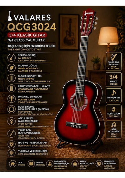 Valares Qcg3024 Kırmızı Klasik Gitar 3/4 Başlangıç & Orta Seviye Yumuşak Tını.kılıf Pena Hediye