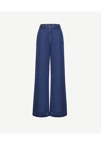 Yargıcı Örgü Kemer Detaylı Yüksek Bel Geniş Paça Denim Pantolon 25ykpn3078p 485 Mavi