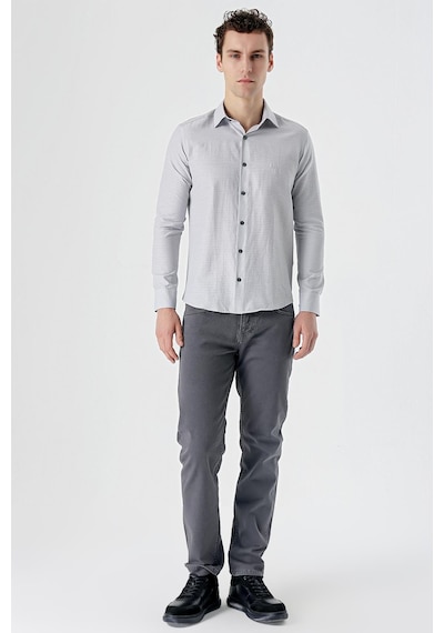 İmza Gri Uzun Kollu Desenli Armürlü Sert Yaka Cepsiz Pamuklu Slim Fit Dar Kesim Gömlek 1004235168-gri Gri