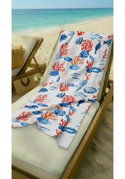 Balık Ve Mercan Desenli Renkli Yüksek Su Emici 70x150cm Plaj Havlusu
