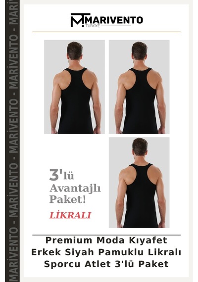 Marivento Premium Moda Kıyafet Erkek Siyah Pamuklu Likralı Sporcu Atlet 3'lü Paket