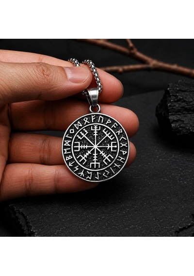 Paslanmaz Çelik Rün Harf Detaylı Kolye Çift Taraflı Vegvisir Viking Pusula Kolye Antik Gümüş
