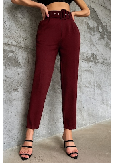Unika Boutique Kadın Yüksek Bel Kemerli Havuç Pantolon Bordo