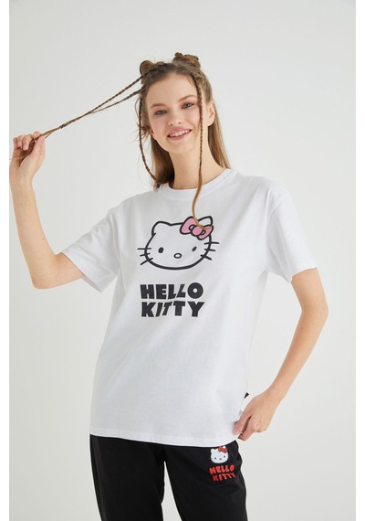 Hello Kitty Lisanslı Baskılı Basic Beyaz T-shirt Kalıp Pamuk Renkli