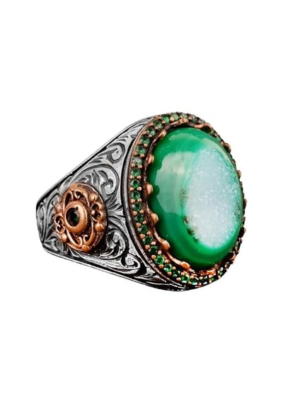 Gerçek Doğal Drusy Kristal Kuvars Taşı Erkek Yüzüğü, Vintage Yüzük, 925 Ayar Gümüş Yüzük Gümüş