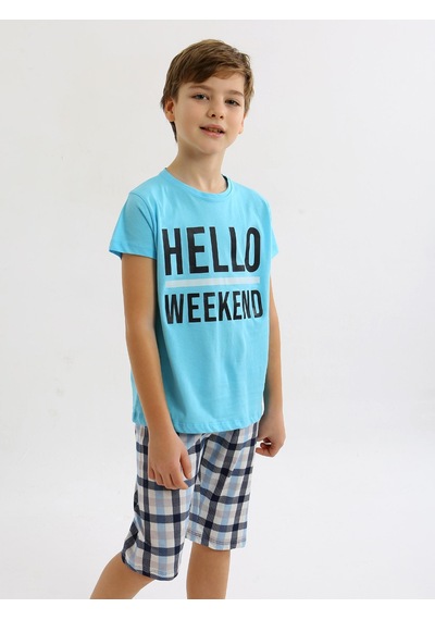 Vitmo Erkek Çocuk Kısa Kollu Kapri %100 Pamuklu Pijama Takımı Hello Weekend Turkuaz