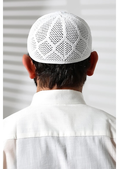 Makine Örgüsü Dantel Detaylı Namaz Takkesi Beyaz Beyaz