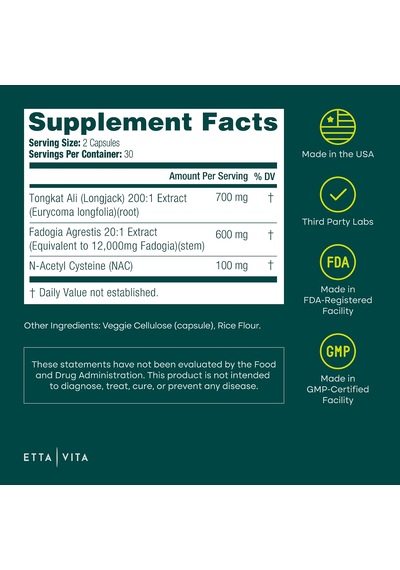 Etta Vita Tongkat Ali Longjack 200:1 Str.ong Formula With Fadogia Agrestis 60 Veggie Kapsül Orijinal Usa Menşeii Dmmedicineden