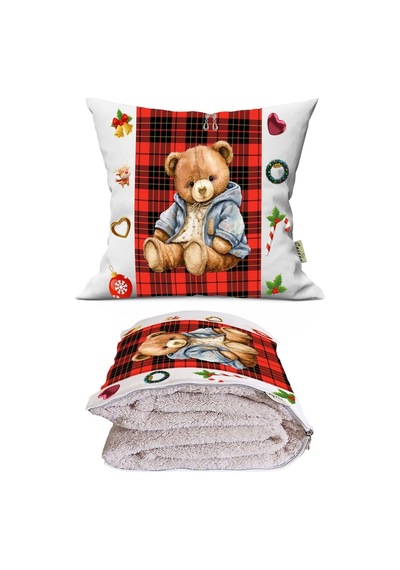 Yılbaşı Özel Seri Sevimli Ayıcık Teddy Bear Baskılı Dekoratif Yastık Kırlent Opsiyonel Battaniye 2 İn 1 Çok Renkli