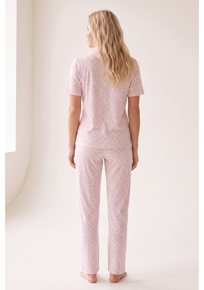 Siyah İnci Pamuklu Fitilli Kaşkorse Örme Pijama Takım 26120402 Beyaz Pembe
