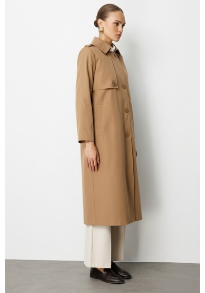 Mizalle Camel Apoletli Klasik Maxi Mac Trençkot CAMEL