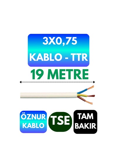 Öznur 3x0,75 Ttr Kablo Beyaz Metre Seçenekli - 19 Metre