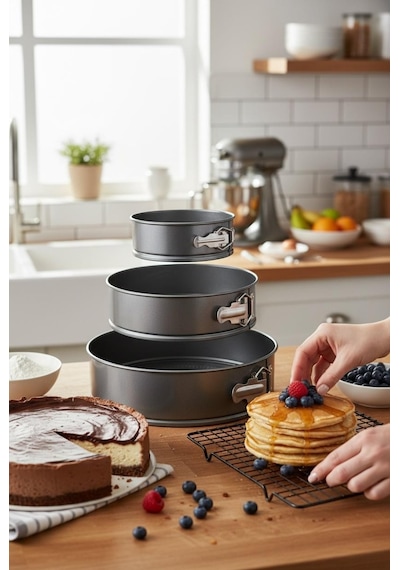Çınar 3 Lü Kelepçeli Kek Kalıbı - 3 Lü Kek Kalıbı Seti 24-26-28 Cm. Gri