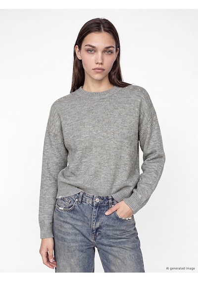 Lcw Modest Gri Zımba Detayları Oversize Kadın Triko Kazak Xl-2xl