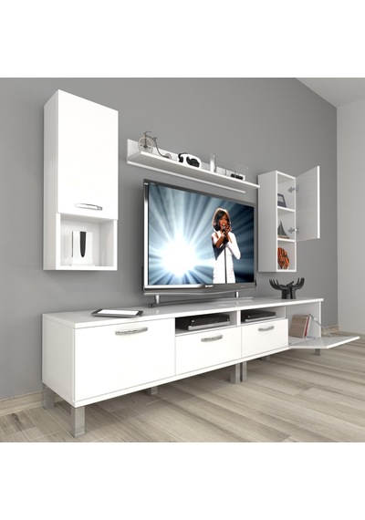 Decoraktiv Eko 5200da Slm Krom Ayaklı Tv Ünitesi Tv Sehpası - Parlak Beyaz