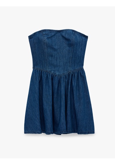 Koton Pamuklu Straplez Kalp Yaka Kolsuz Korse Detaylı Mini Denim Elbise Koyu İndigo 6sal80040md Indigo