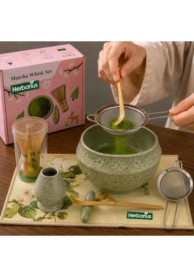 Herbarius 8 Parça Çiçek Desenli Benekli Adaçayı Yeşili Renk Matcha Çayı Hazırlama Seti - Geleneksel Japon Matcha Seti