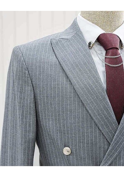 Bys Beystil Sivri Yaka Gri Çizgili Kruvaze Takım Elbise Togo - Slim Fit