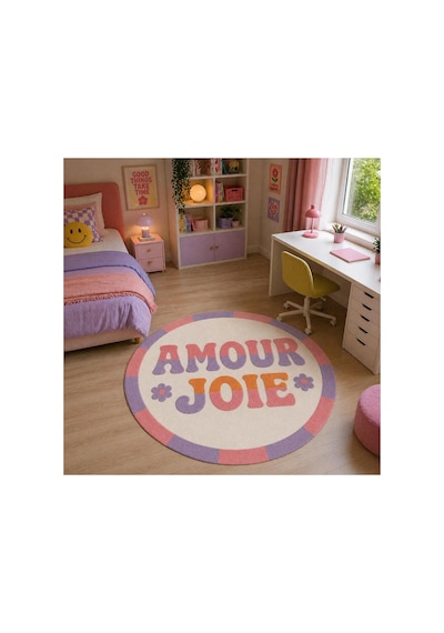 "aura" Serisi - Amour Joie Yazılı Retro Yuvarlak Krem Mor Pastel Dokuma Taban Dekoratif Halı Aura26 Çok Renkli