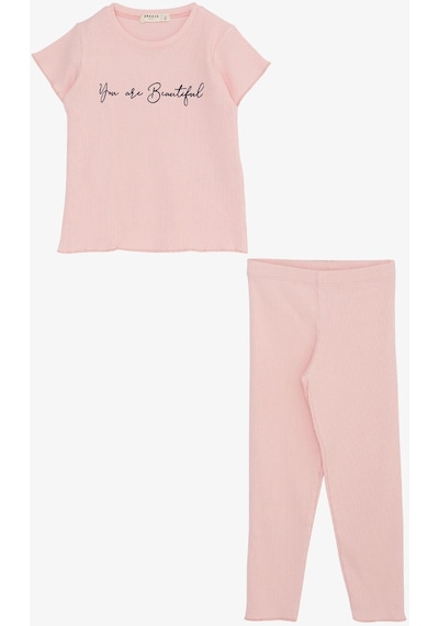 Breeze Kız Çocuk Taytlı Takım Yazı Baskılı 1.5-5 Yaş, Pembe-pembe Pembe