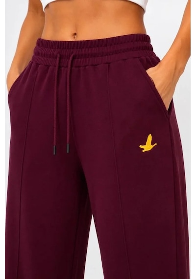 DefyModa Osy Modal Yumuşak Dokulu Cima Dikişli Nakışlı Cepli Oversize Bol Paça Eşofman Altı - Bordo