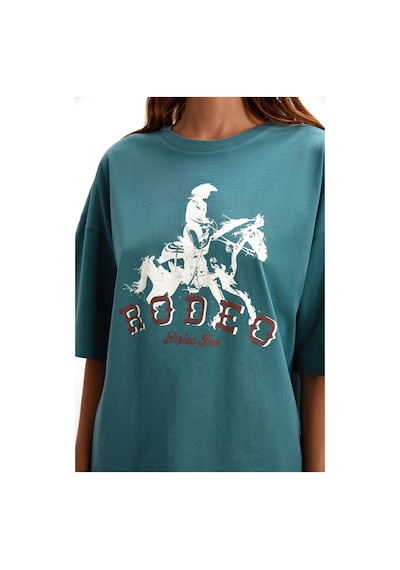 Grımelange Majer Kadın %100 Organik Pamuklu Western Tema Baskılı Regular Fit Yeşil T-shirt