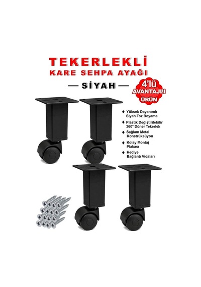 4 Adet 15cm Boy Siyah Kare Plastik Tekerlekli Mobilya Sehpa Ayağı Beyaz
