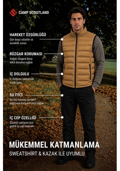 Camp Scoutland Camp451 Outdoor Tactical İç Cepli Su İticili Erkek Mevsimlik Dolgulu Şişme Yelek Hardal
