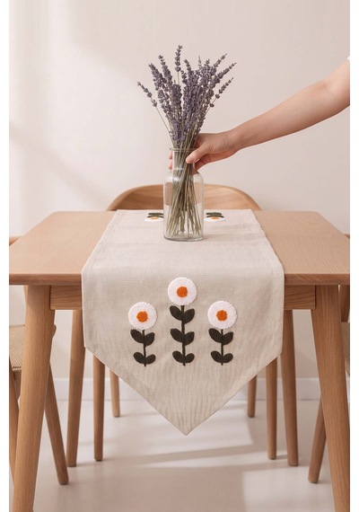 Daisy Cream Kasso Punch İşlemeli Runner 35x110 Cm Çok Renkli